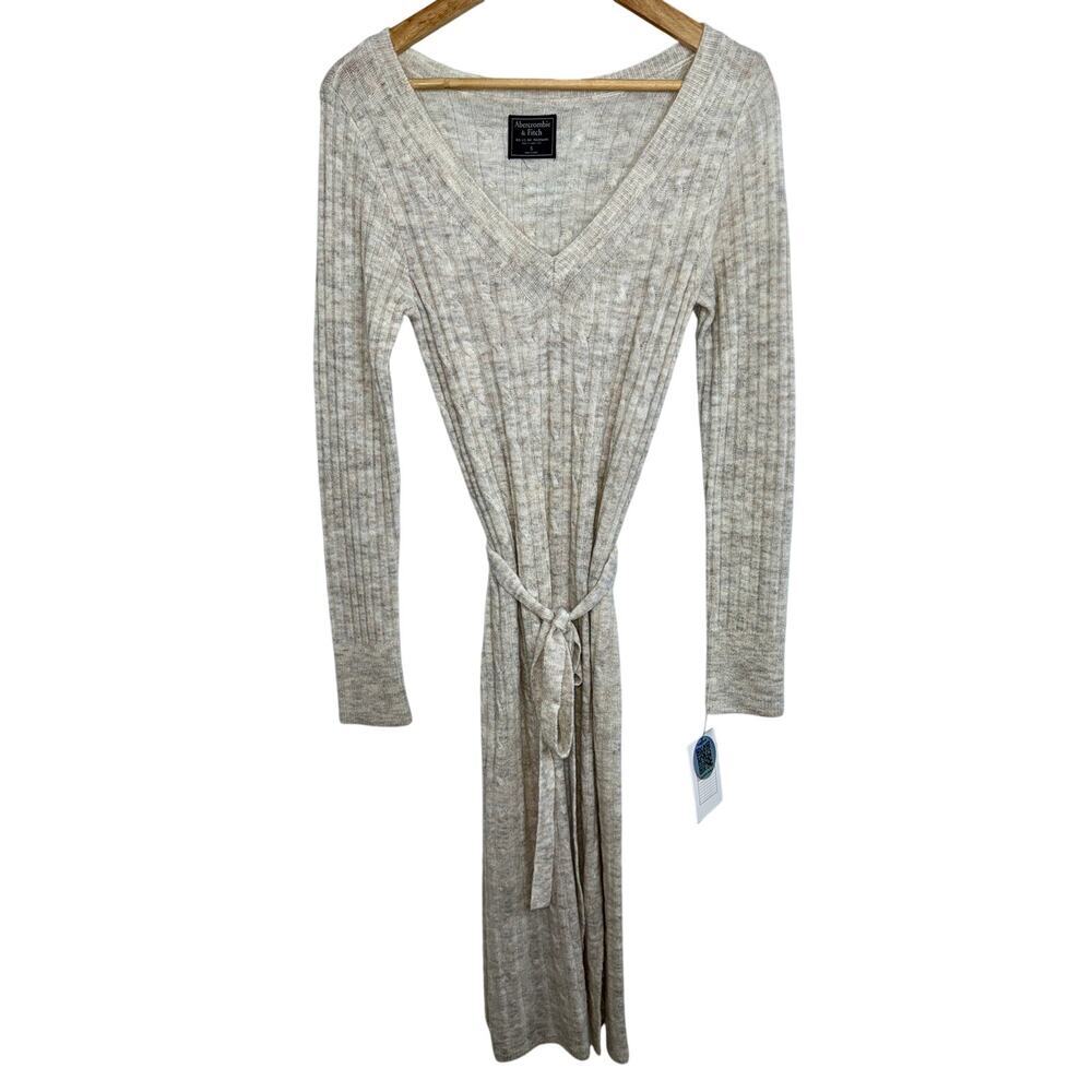 Abercrombie & Fitch Cream Ribbed Knit Long Sleeve Sweater Midi Dress Womens Sz S